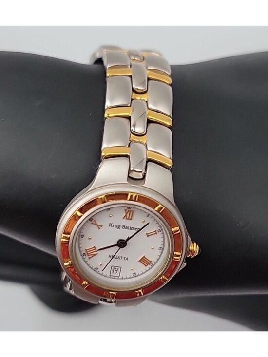 Vtg Krug-Baümen Regatta Ladies Watch Two-Tone 18k Gold Plated Date Quartz 6.5\